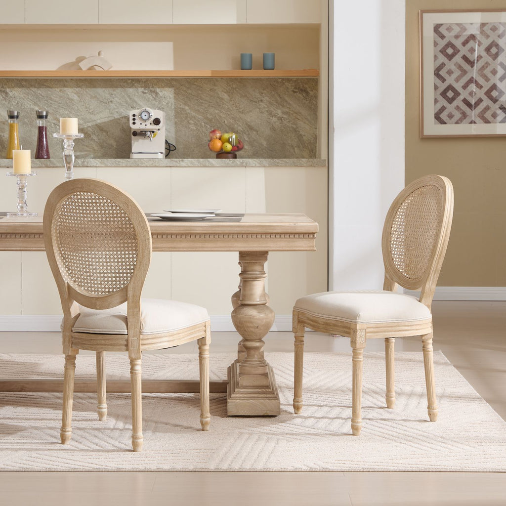 French Country Dining Chairs Set of 2, Upholstered Chairs with Nature Rattan Round Back, Wire drawing and carving techniques ,Disassemblable , for Living Room, Kitchen , Restaurant Use,Beige