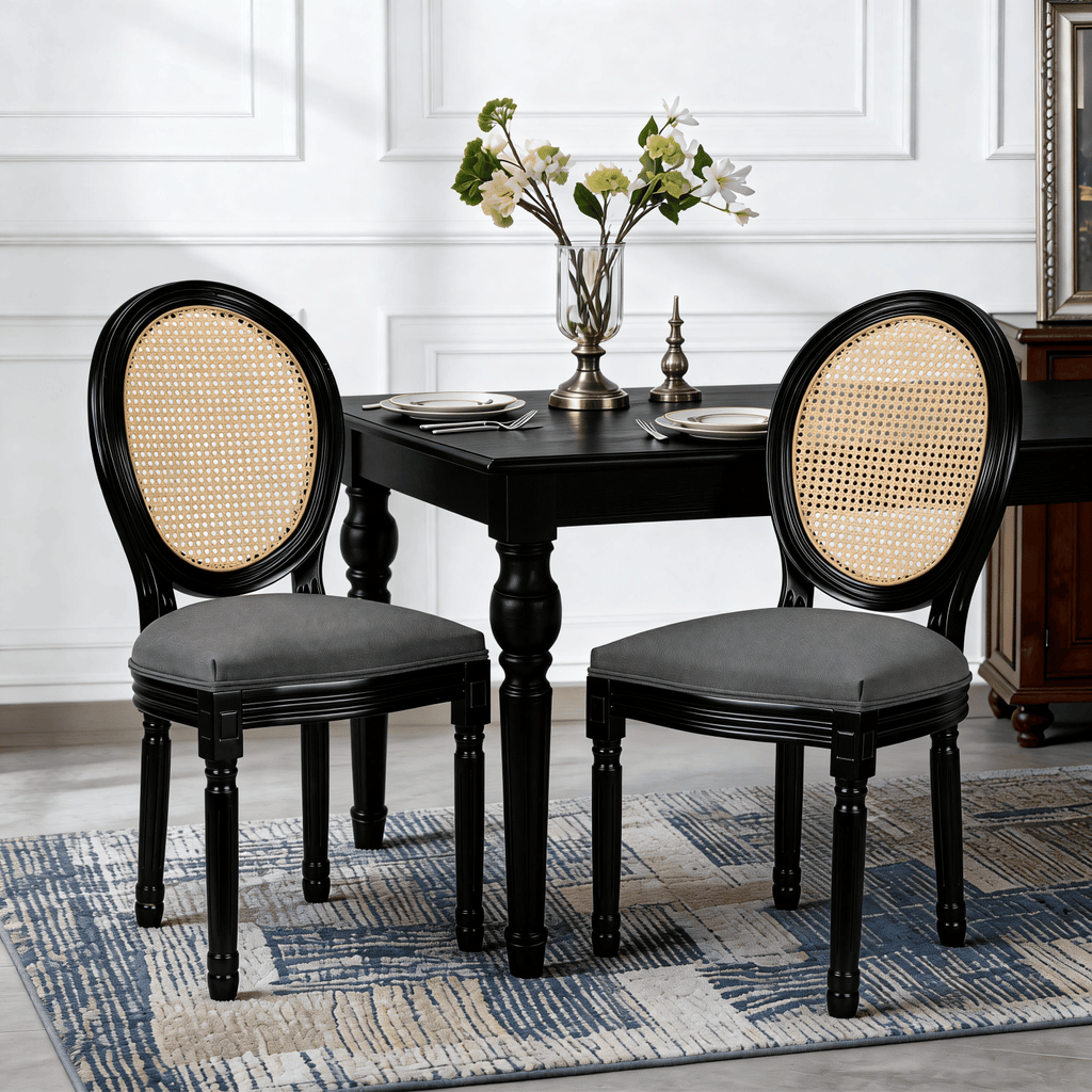 French Country Dining Chairs Set of 2, Upholstered Chairs with Rattan Round Back, for Living Room, Kitchen , Restaurant Use, Black Solid Wood Frame, Dark Grey Fabric