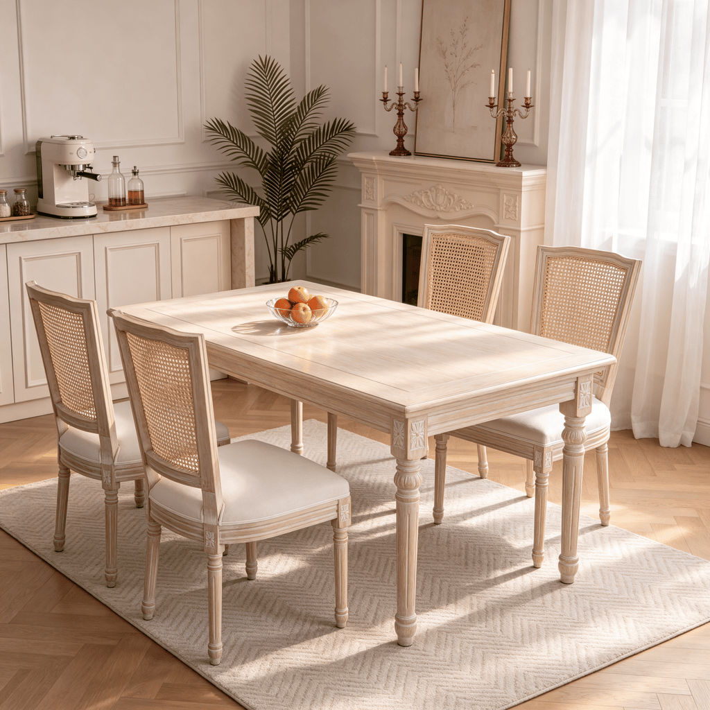 French Country Dining Chairs Set of 2, Upholstered Chairs with Rattan T-shaped Back, Wire drawing and carving techniques ,Disassemblable , for Living Room, Kitchen , Restaurant Use, Beige