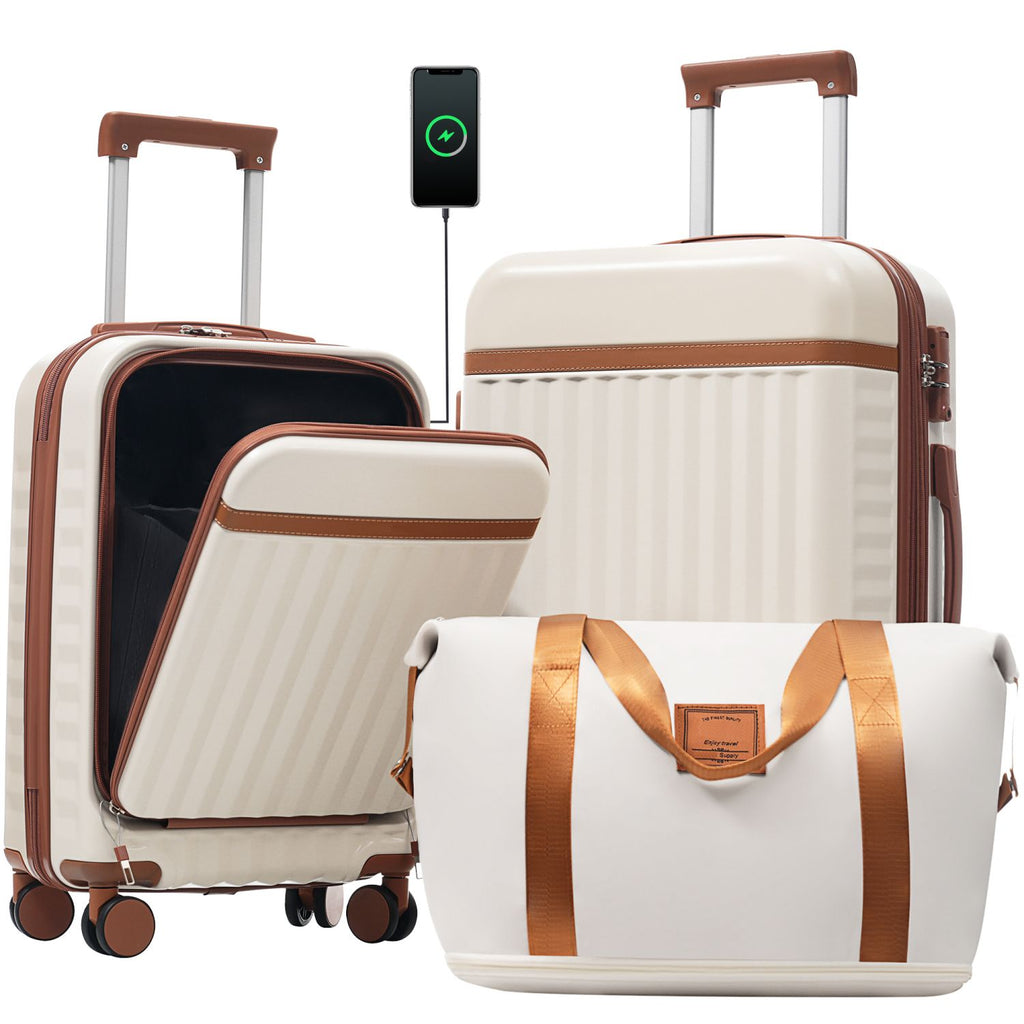 Front Opening Luggage Set 3 Piece, Hardside Carry on Suitcase with USB Port, Expandable Luggage with Handle Bag Spinner Wheels TSA Lock