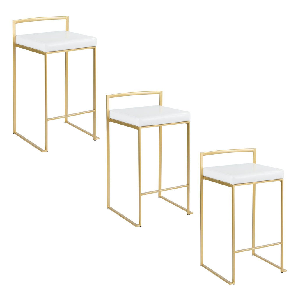 Fuji 26" Contemporary Counter Stool in Gold Metal with White Faux Leather by - Set of 3