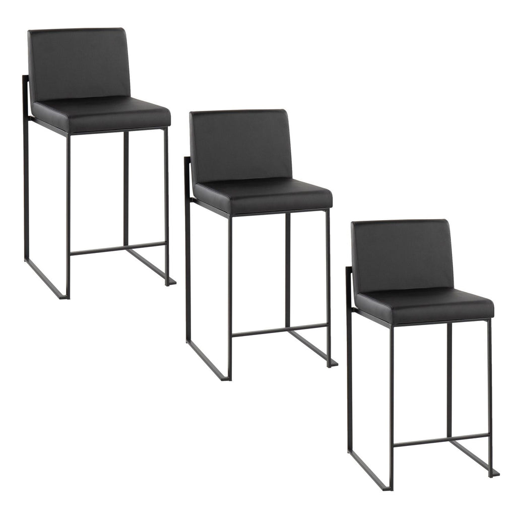Fuji 26" Contemporary High Back Counter Stool in Black Steel and Black Faux Leather by - Set of 3