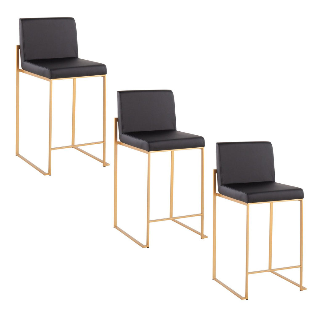 Fuji 26" Contemporary High Back Counter Stool in Gold Steel and Black Faux Leather by - Set of 3