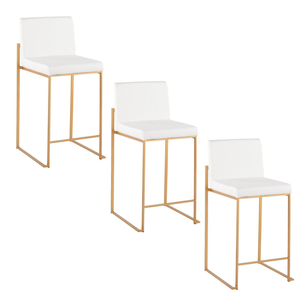Fuji 26" Contemporary High Back Counter Stool in Gold Steel and White Faux Leather by - Set of 3
