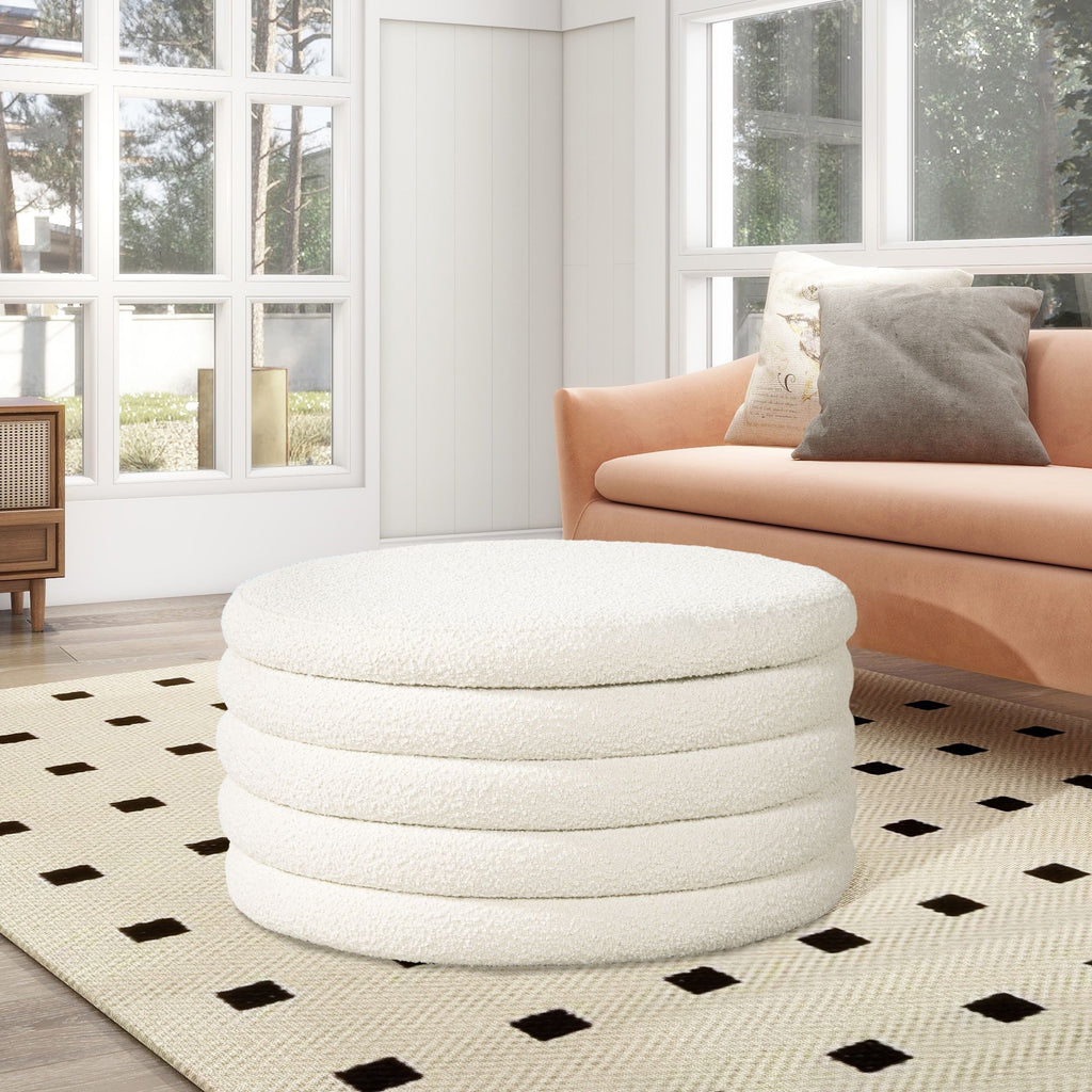 Fuji 36" Round Upholstered Storage Cocktail Ottoman, Ivory White Boucle
