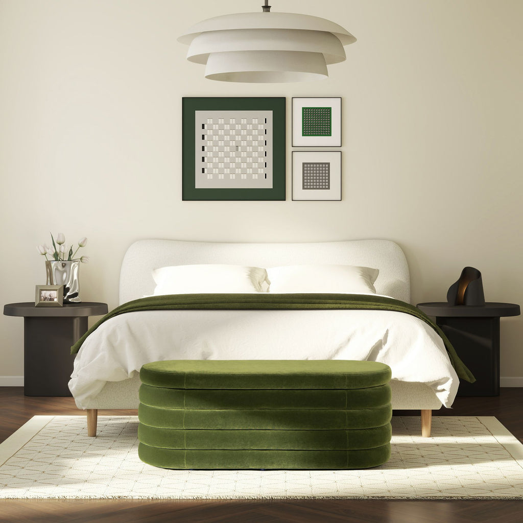 Fuji 49" Upholstered Oval Storage Bench, Olive Green Performance Velvet