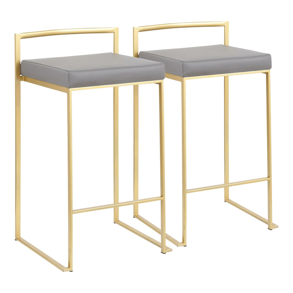 Fuji Contemporary Counter Stool in Gold with Grey Faux Leather by - Set of 2