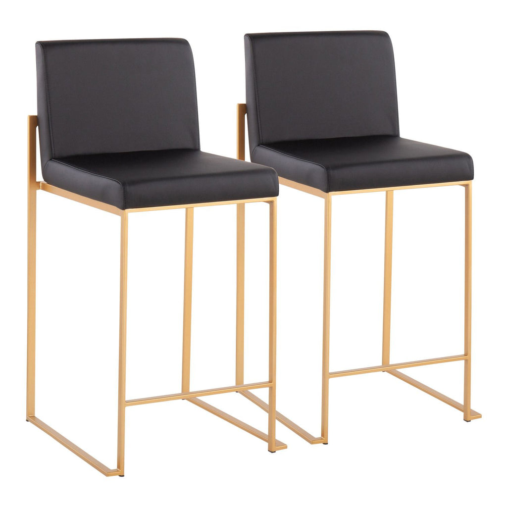 Fuji Contemporary High Back Counter Stool in Gold Steel and Black Faux Leather by - Set of 2