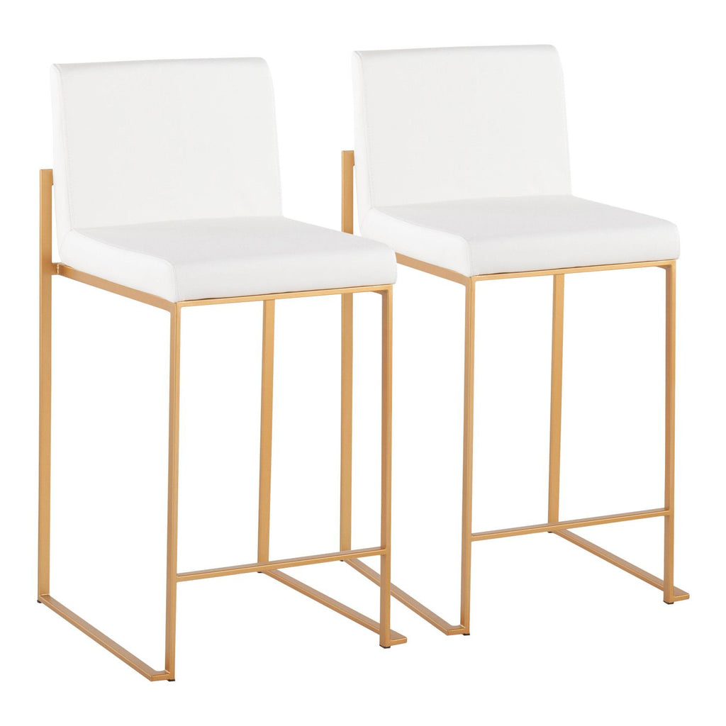 Fuji Contemporary High Back Counter Stool in Gold Steel and White Faux Leather by - Set of 2