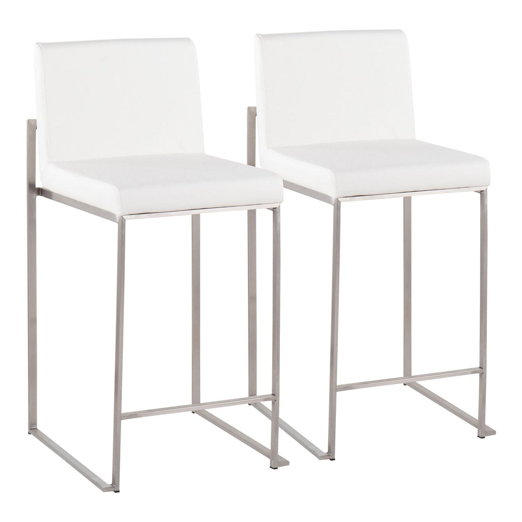 Fuji Contemporary High Back Counter Stool in Stainless Steel and White Faux Leather by - Set of 2