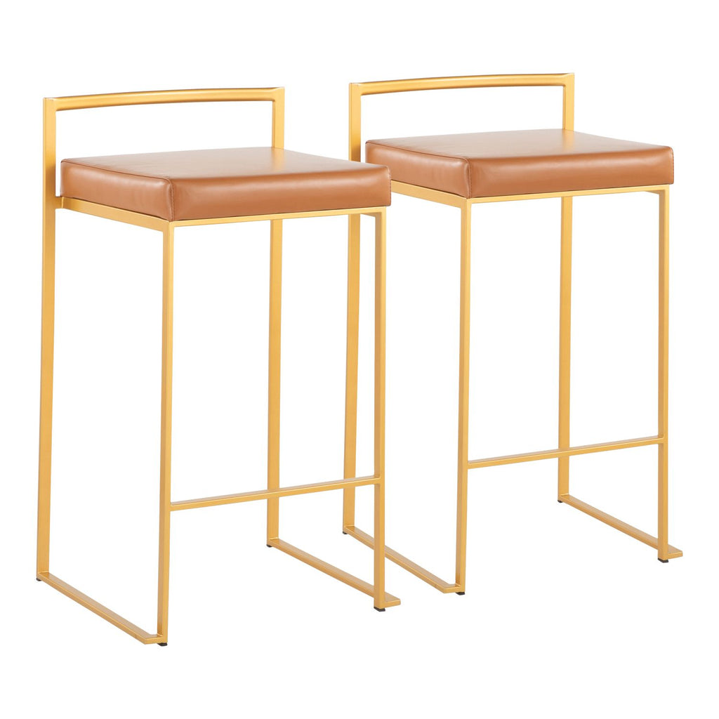 Fuji Contemporary Stackable Counter Stool in Gold with Camel Faux Leather Cushion by - Set of 2