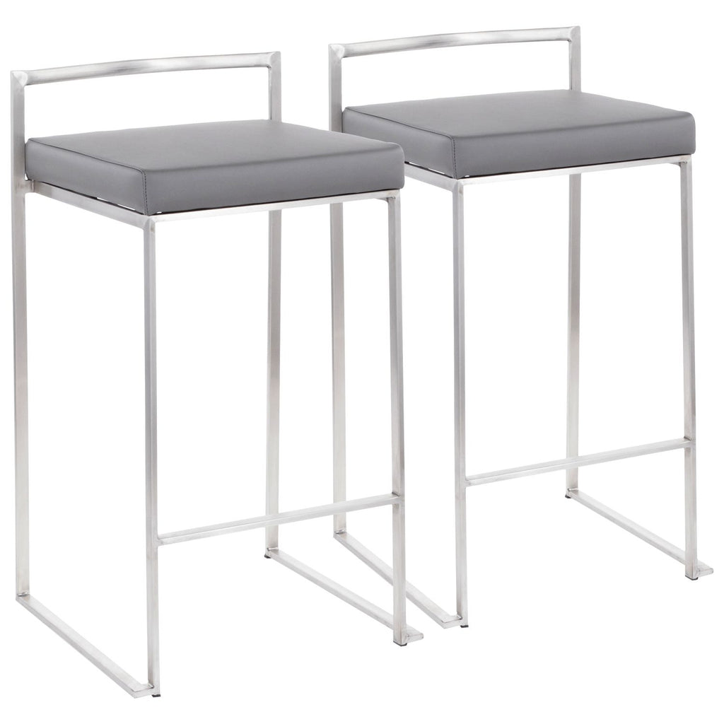 Fuji Contemporary Stackable Counter Stool in Stainless Steel with Grey Faux Leather Cushion by - Set of 2
