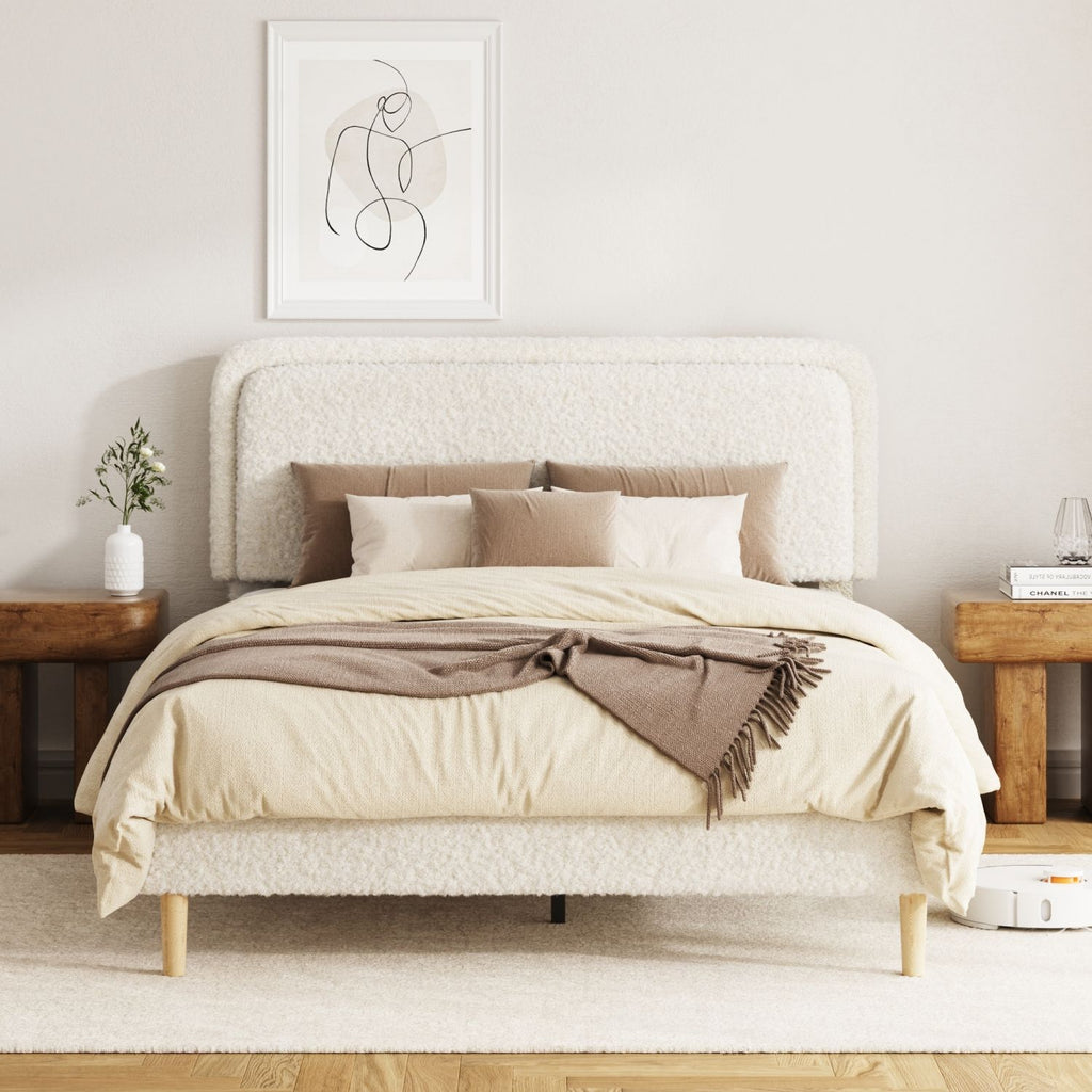 Full Bed frame, Plush Upholstered Platform Bed with Height-Adjustable Headboard, Sturdy Frame and Alats, Quiet Design, No-Spring Mattress Compatible, Easy to Assemble, Beige