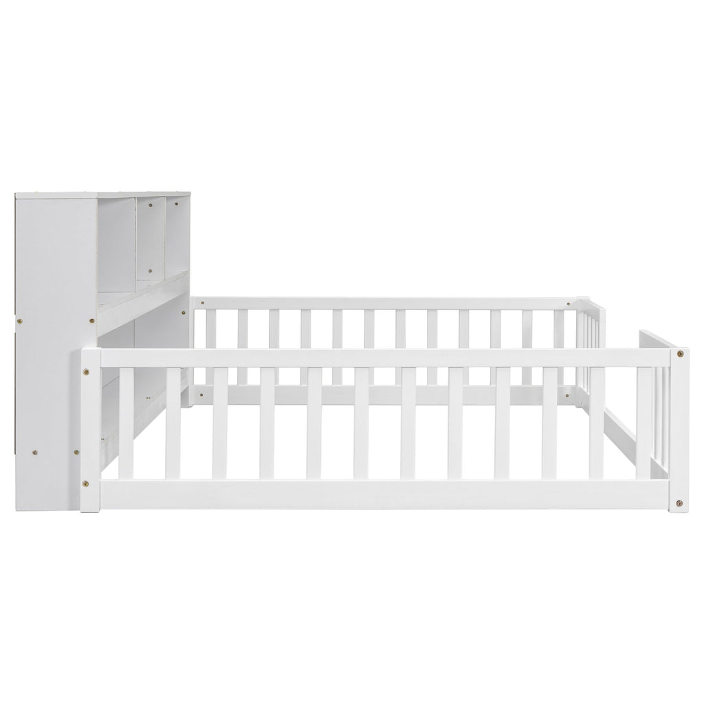 Full Floor Bed with Side Bookcase,Shelves,Guardrails,White