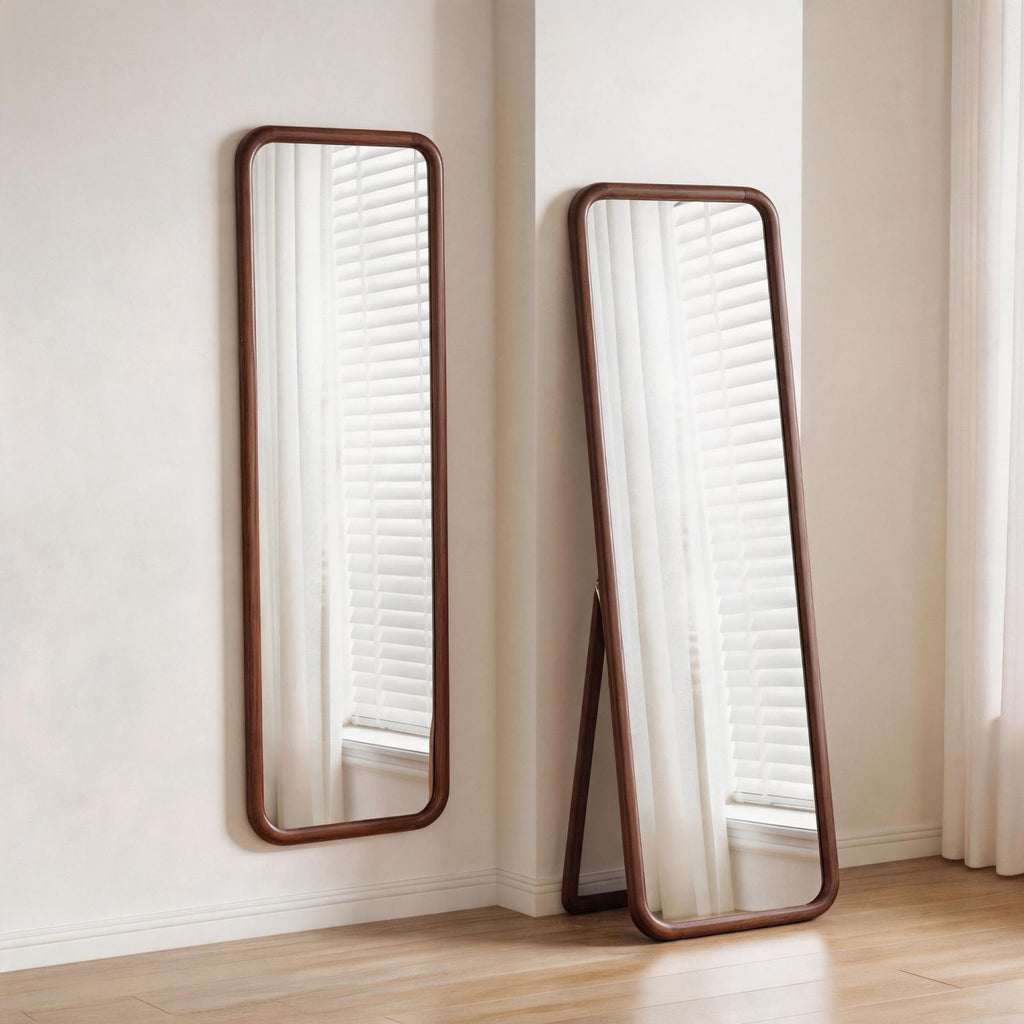 Full Length Mirror, Solid Beech Wood Frame Floor Mirror, Freestanding Mirror with Stand, Large Body Mirror for Bedroom Living Room Dressing Room, Walnut Finish