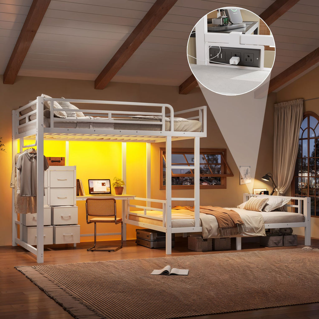 Full over Full Size with 8 Storage Drawers,Built in Bunk bed with Shelves,Bunk bed with Study Desk,Garment Hanging Rod and detachable hanging USB, Sturdy Steel Bed frame for Kids,Teens,adults,white