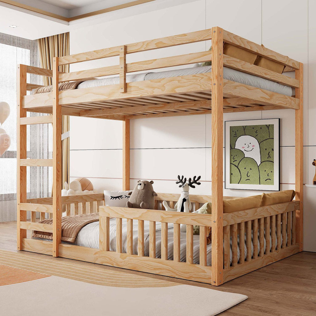 Full over Full Wood Bunk Bed with Ladder and Guardrails, Natural(Expected Arrival Time: 7.3)