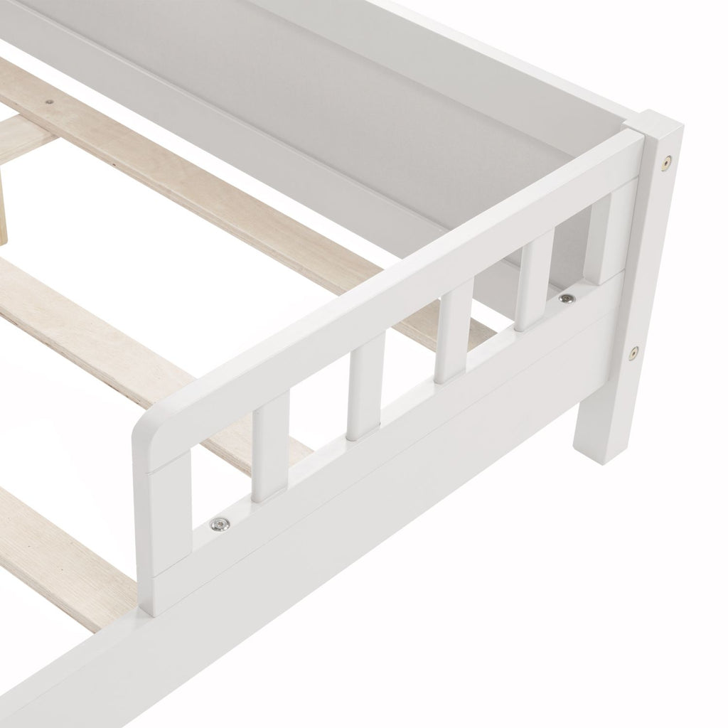 Full Pine Wood Bed with Bookcase Headboard ,LED Motion Sensor Light, Bed Guardrails,White