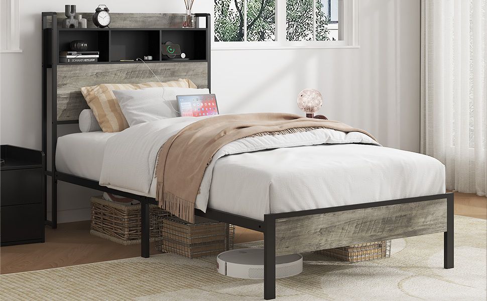 Full size bed frame, wooden platform bed frame, with storage and 2 USBs, no noise, no need for box springs, easy to assemble tools, large storage space under the bed, Antique Gray