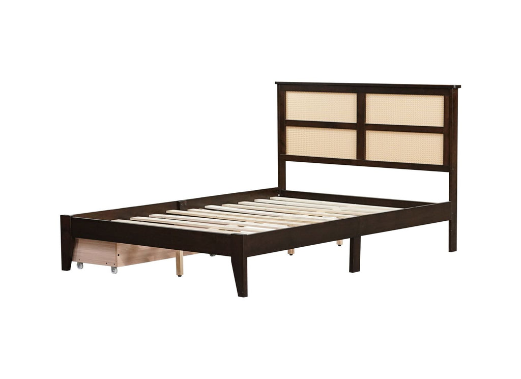 Full Size Bed with Rattan Headboard, Two Storage Drawers, Rubber Wood Bed with Enhanced Support Salts and Feet,Espresso