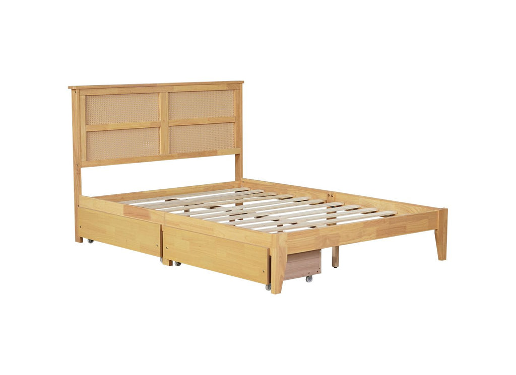 Full Size Bed with Rattan Headboard, Two Storage Drawers, Rubber Wood Bed with Enhanced Support Salts and Feet,White Oak