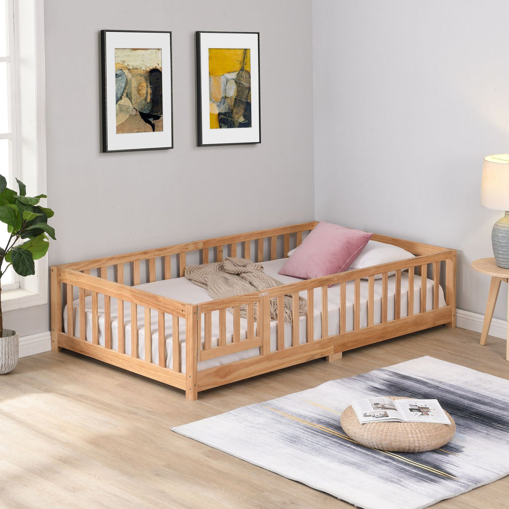 full Size Floor Bed with Door,Solid Wood Platform Bed Frame with Fence,Suitable for children,Pine Wood,Natural