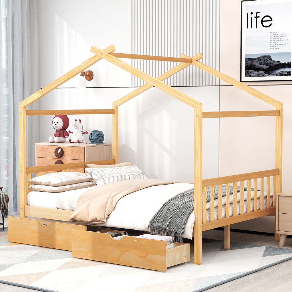 Full Size House Platform Bed with Two Drawers,Headboard and Footboard,Roof Design,Natural