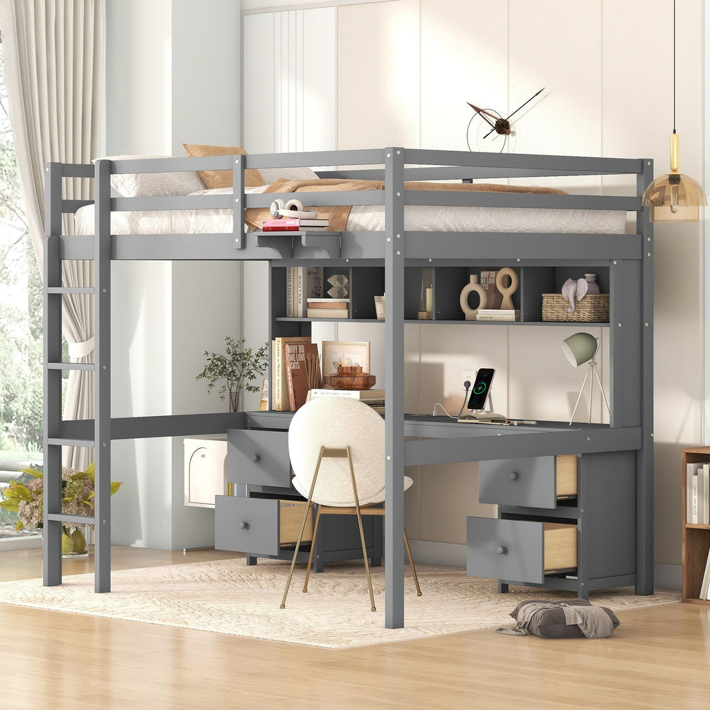 Full Size Loft Bed with Desk, Cabinets, Drawers and Bedside Tray, Charging Station, Gray