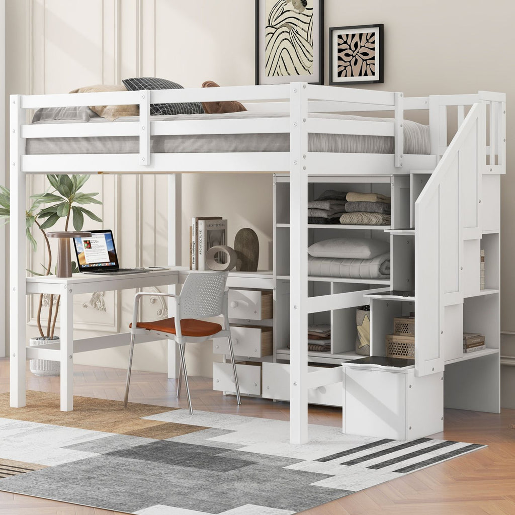 Full Size Loft Bed with L-Shaped Desk and Drawers, Cabinet and Storage Staircase, White