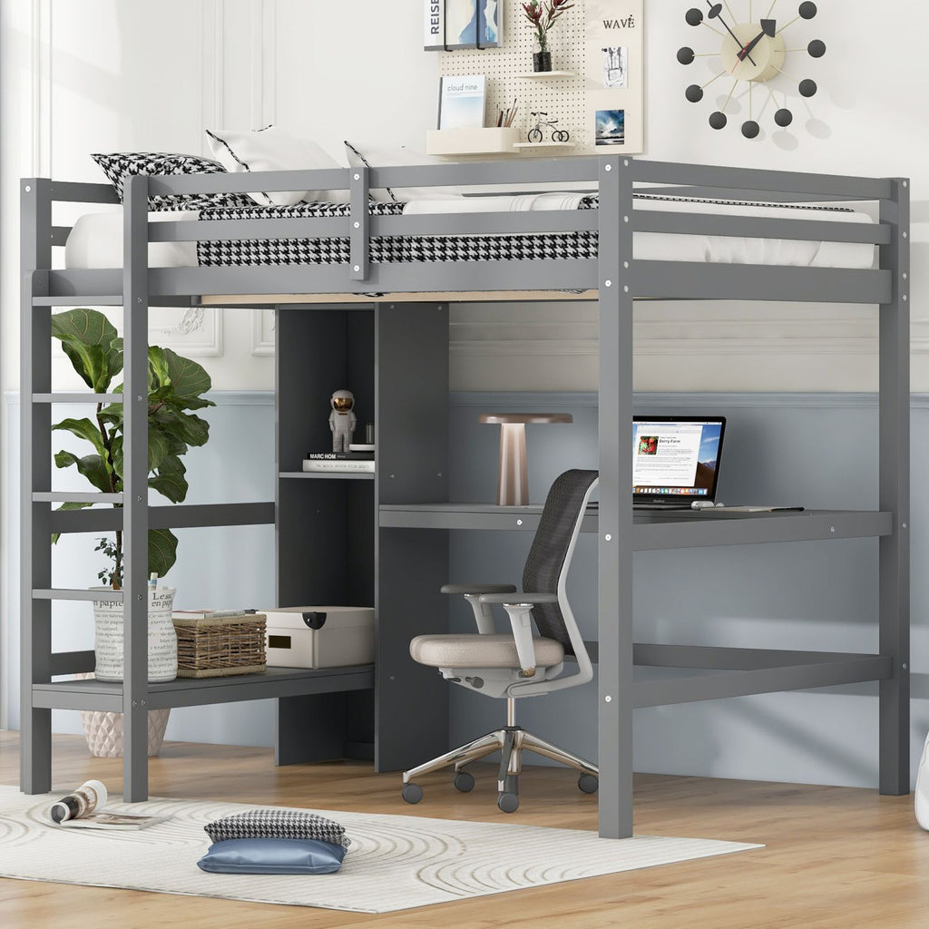 Full Size Loft Bed with Multifunction Shelves and Under-bed Desk, Gray