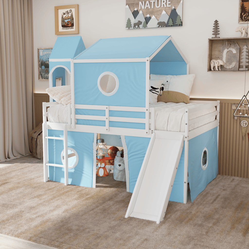 Full Size Loft Bed with Slide Pink Tent and Tower - Blue (OLD SKU:LT000771AAC)