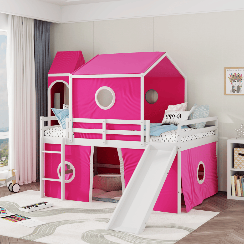 Full Size Loft Bed with Slide Pink Tent and Tower - Pink (OLD SKU:LT000771AAH)