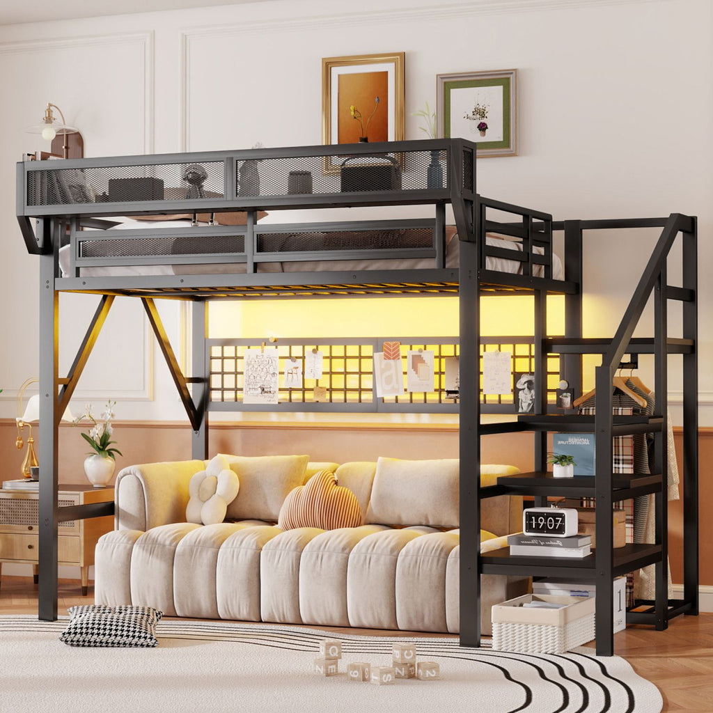 Full Size Loft Bed with Stairs, Metal Full Loft Bed with Light and Storage, High Loft Bed with Wardrobe and Storage for Kids Teens Adults, Black(Old SKU W2580S00051 )
