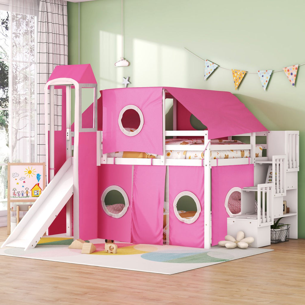 Full Size Loft Bed with Tent and Tower - Pink