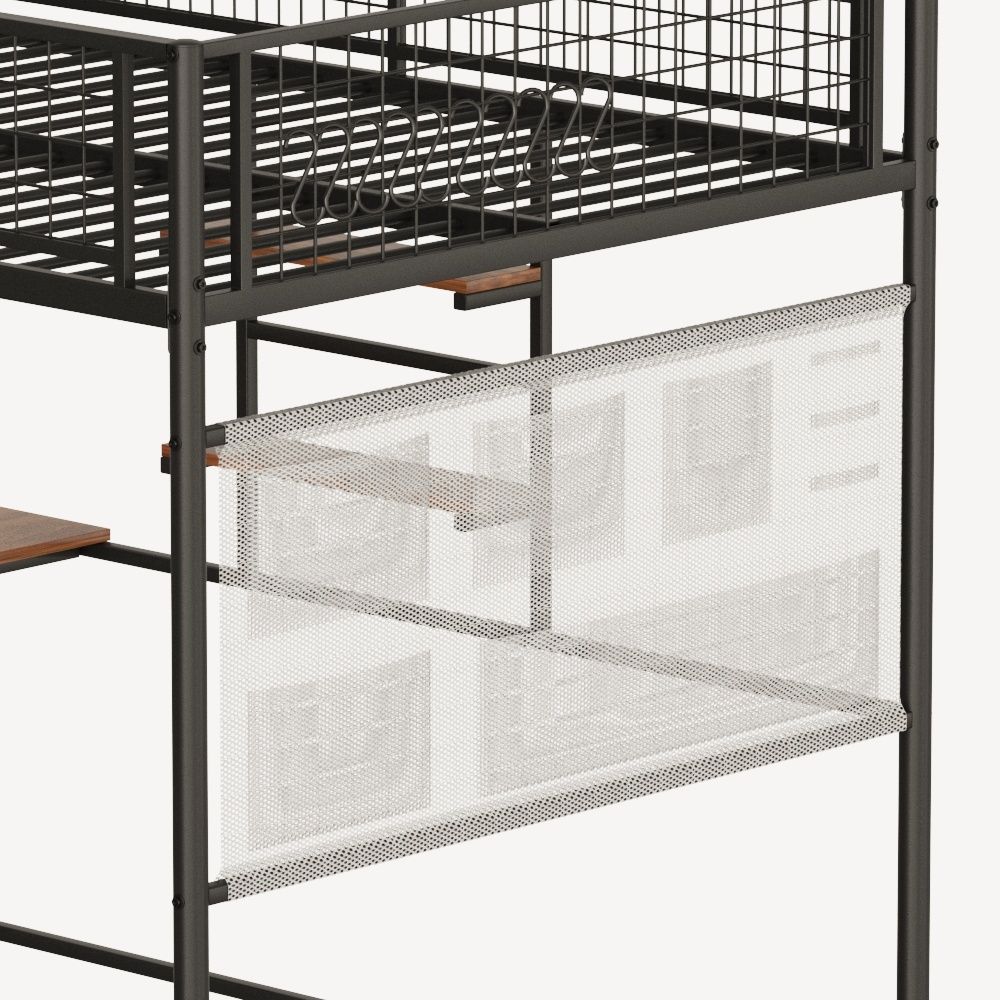 Full size loft metal bed with black for bedroom and dormitory, with built-in charging station and LED lighting