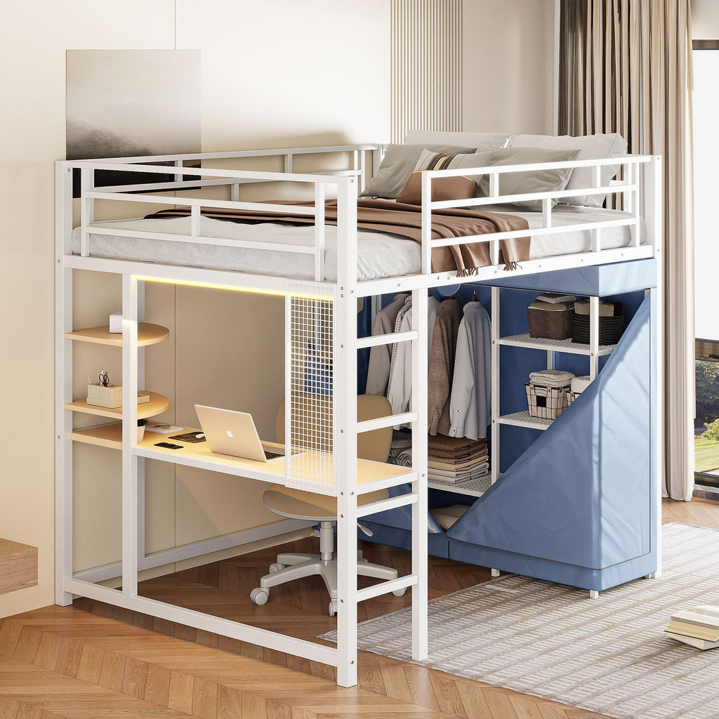 Full Size Loft Metal Bed with Desk,Shelves,Power Outlet,LED Light and Wardrobe, White