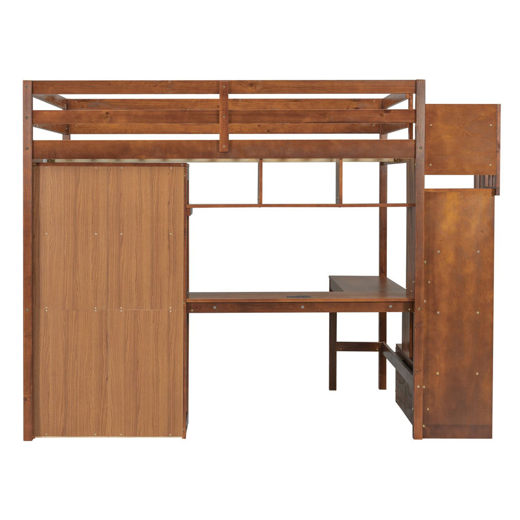 Full Size Loft Wood Bed with Desk, Book shelves and Wardrobe with Doors and Drawer, Built-in Staircase with Storage Shelves, Loft Bed with Safety Guardrails and Solid Slats,Walnut