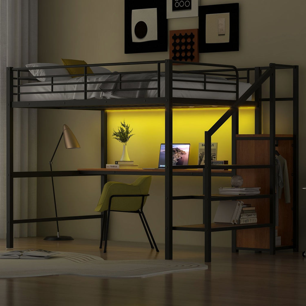Full Size Metal Loft Bed with Desk, Storage Staircase, Small Wardrobe and LED Light,Black