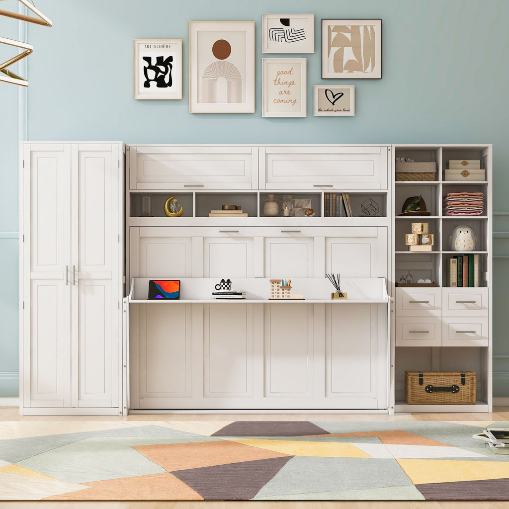 Full Size Murphy Bed Wall Bed with Closet , Drawers and Shelves, White
