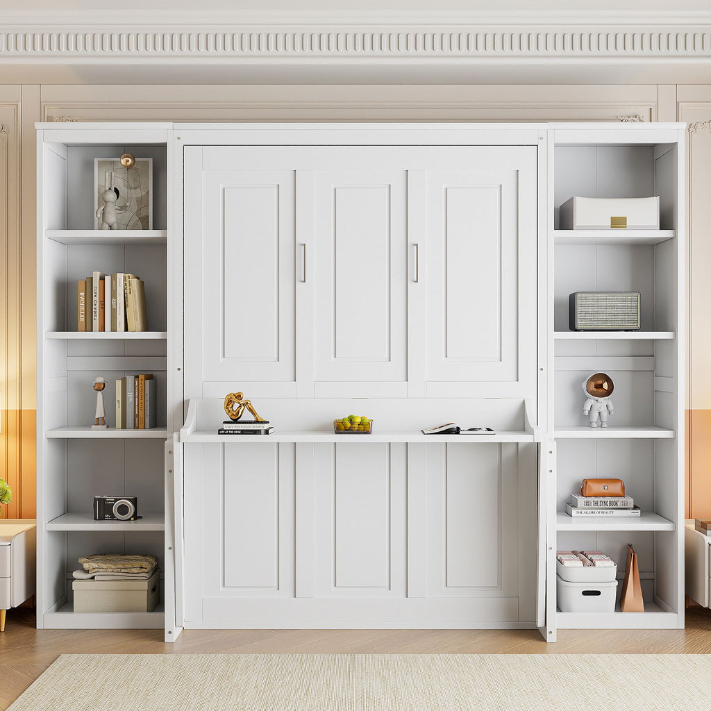 Full Size Murphy Bed with Desk and Bookshelf, White(ETA:12.7)