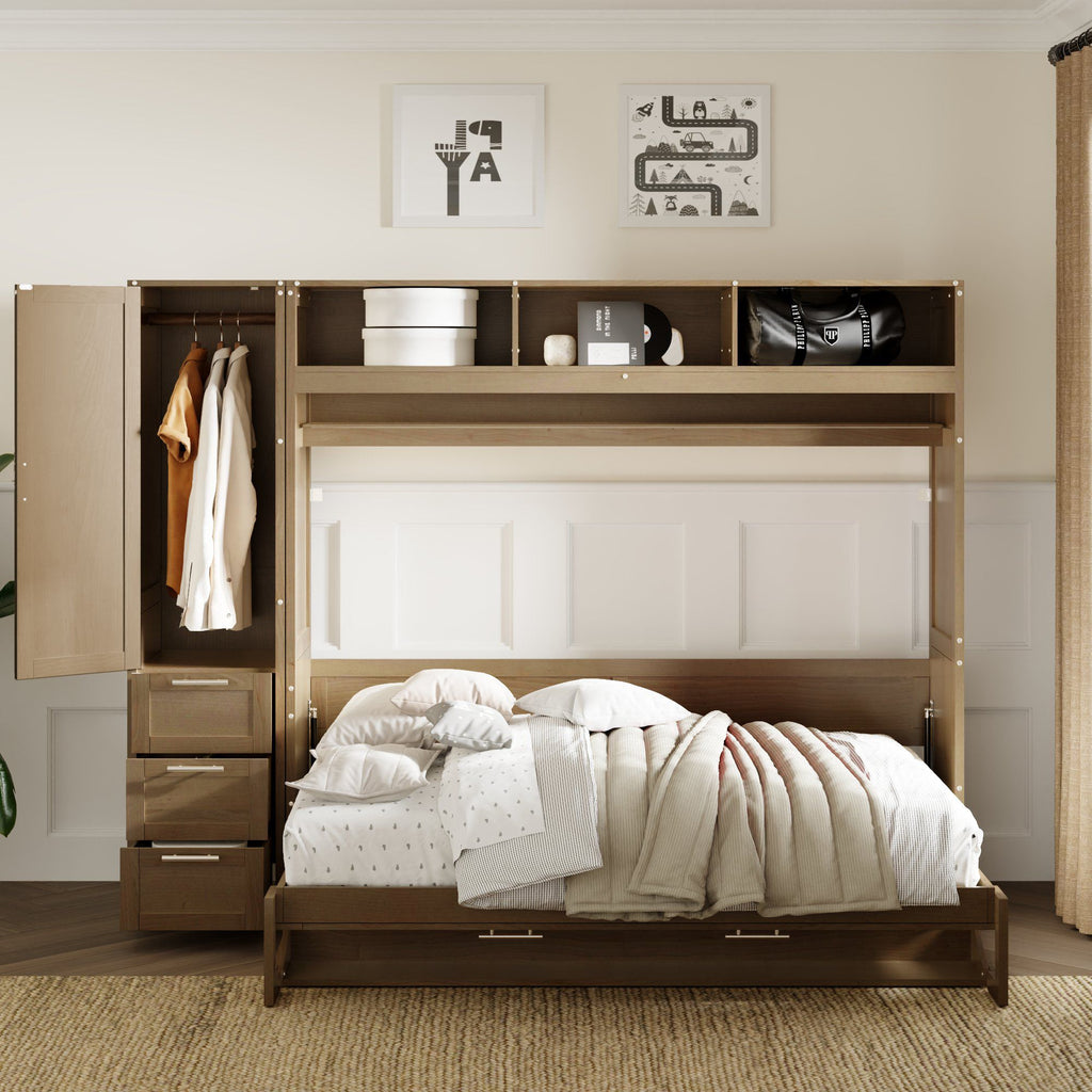 Full Size Murphy Bed with Wardrobe, Drawers and Open Shelves, Antique Wood
