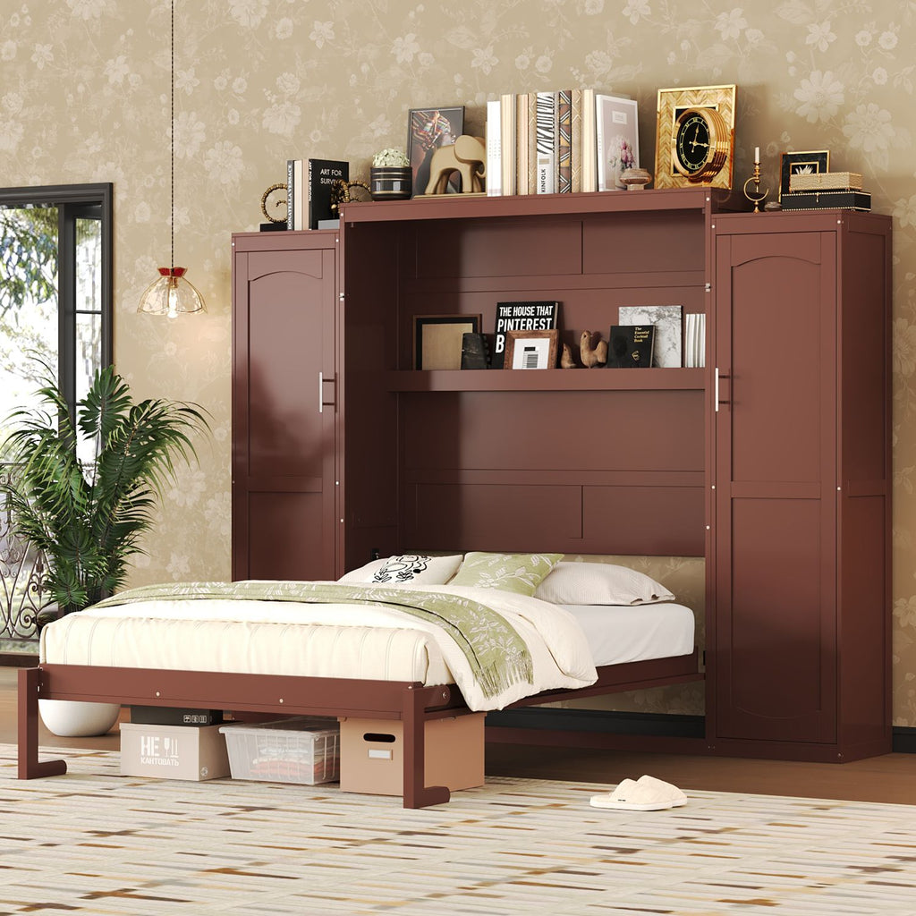 Full Size Murphy Bed, Wooden Full Wall Bed with 2 Wardrobe and Storage Shelf, Multifunctional Foldable Platform Bedframe for Guest-Room, Bedroom, Walnut