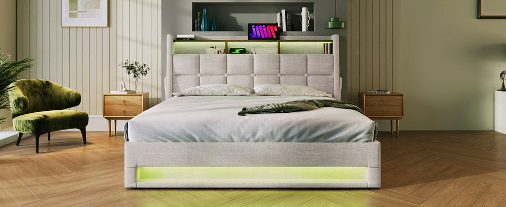 Full size Upholstered Platform bed with a Hydraulic Storage System, LED and USB Charging, Natural (without mattress)