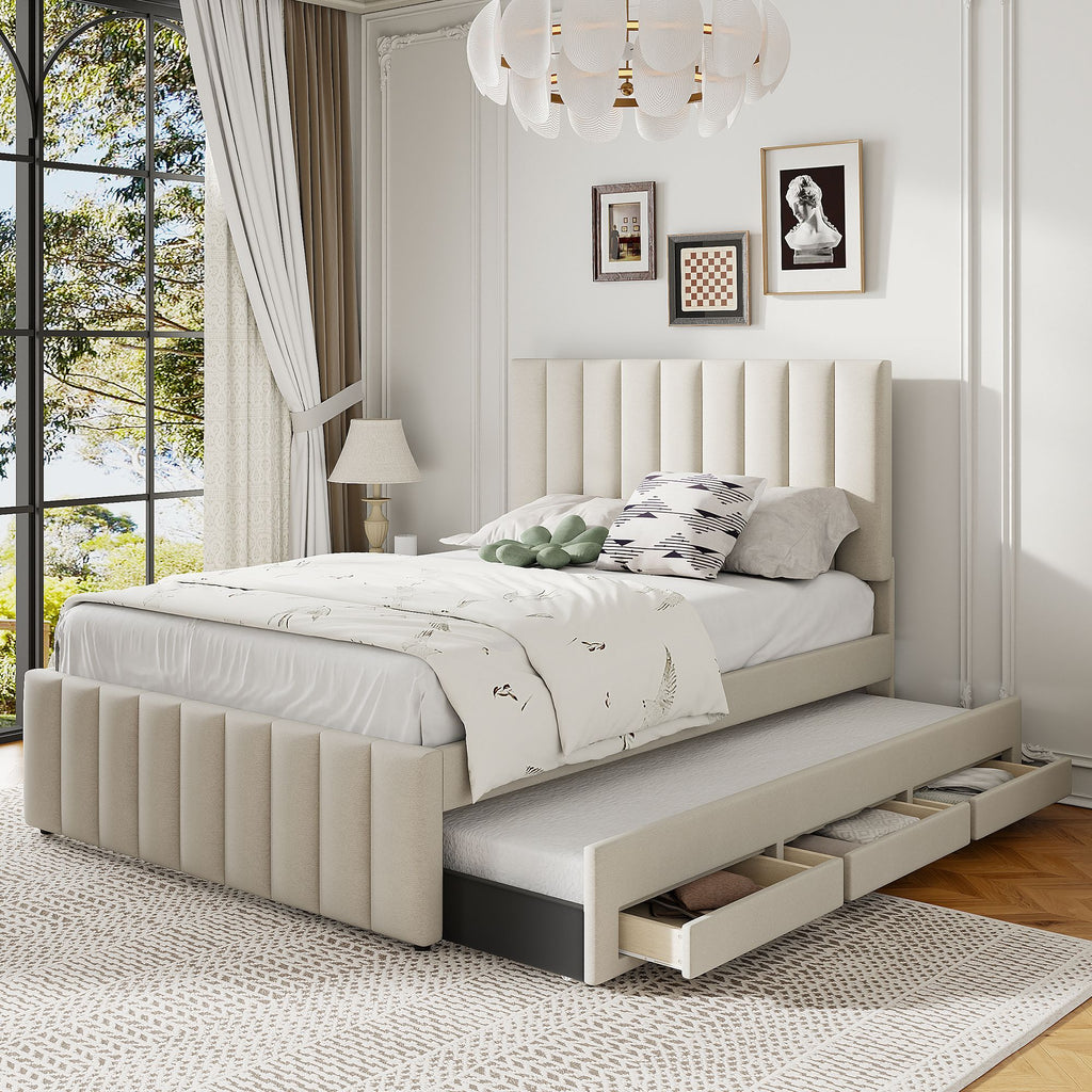 Full Size Upholstered Platform Bed with Twin Size Trundle and 3 Drawers, Linen Fabric, Beige