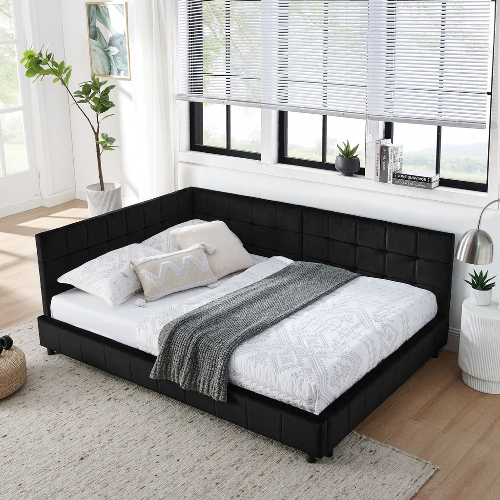Full Size Upholstered Tufted Bed Frame, Sofa Bed Frame with Comfortable Backrest and Armrests, Full Size Bed for Bedroom, Living Room,Velvet, Black(80.5''*59''*30.5'')