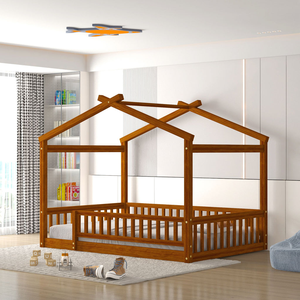 Full Size Wood Bed House Bed Frame with Fence, for Kids, Teens, Girls, Boys,Walnut