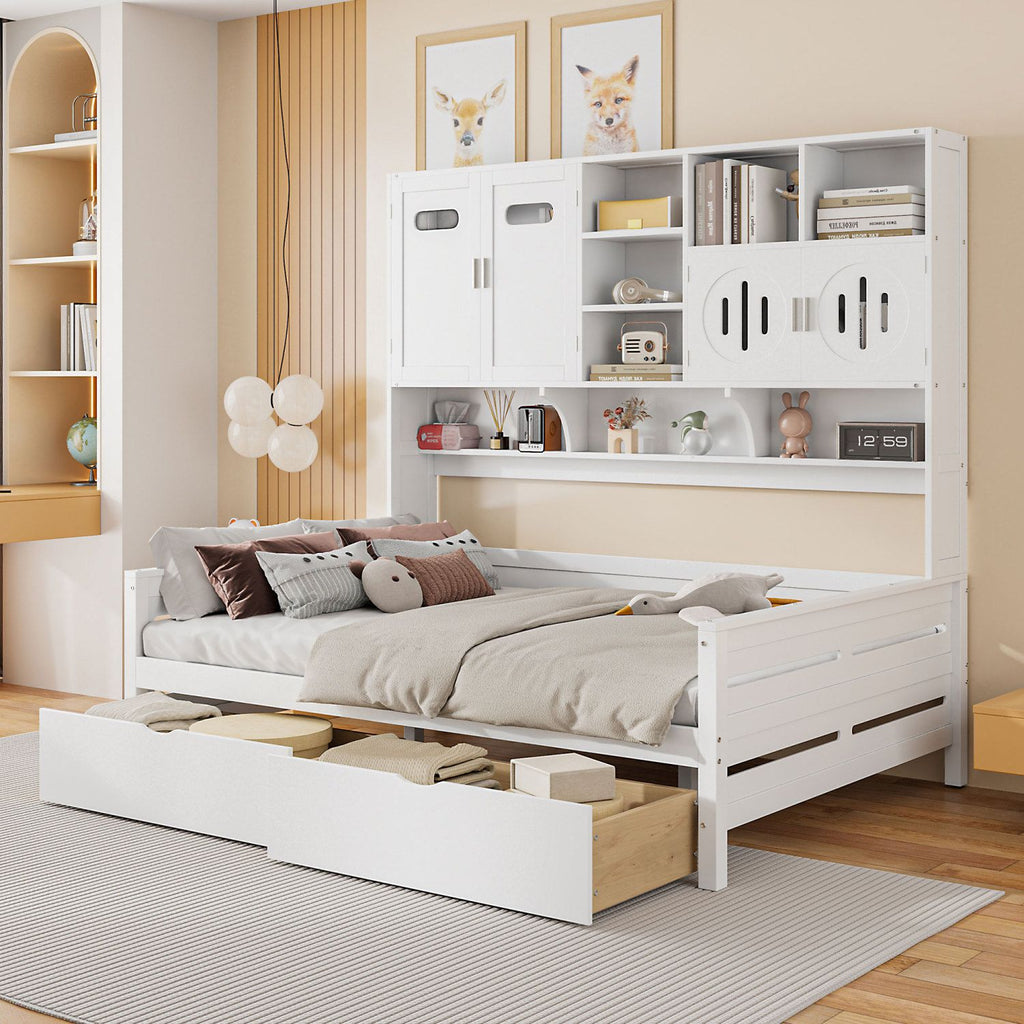 Full Size Wooden Daybed With 2 Drawers, and All-in-One Cabinet and Shelf, White