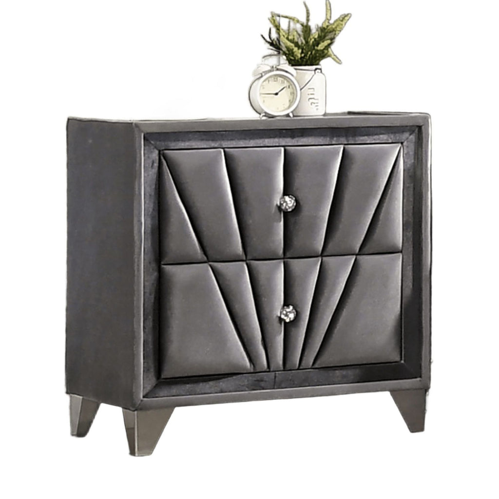 Fully Upholstered Frame 1pc Nightstand Gray Fabric Crystal-like Acrylic Knobs Glass Top Chrome Legs