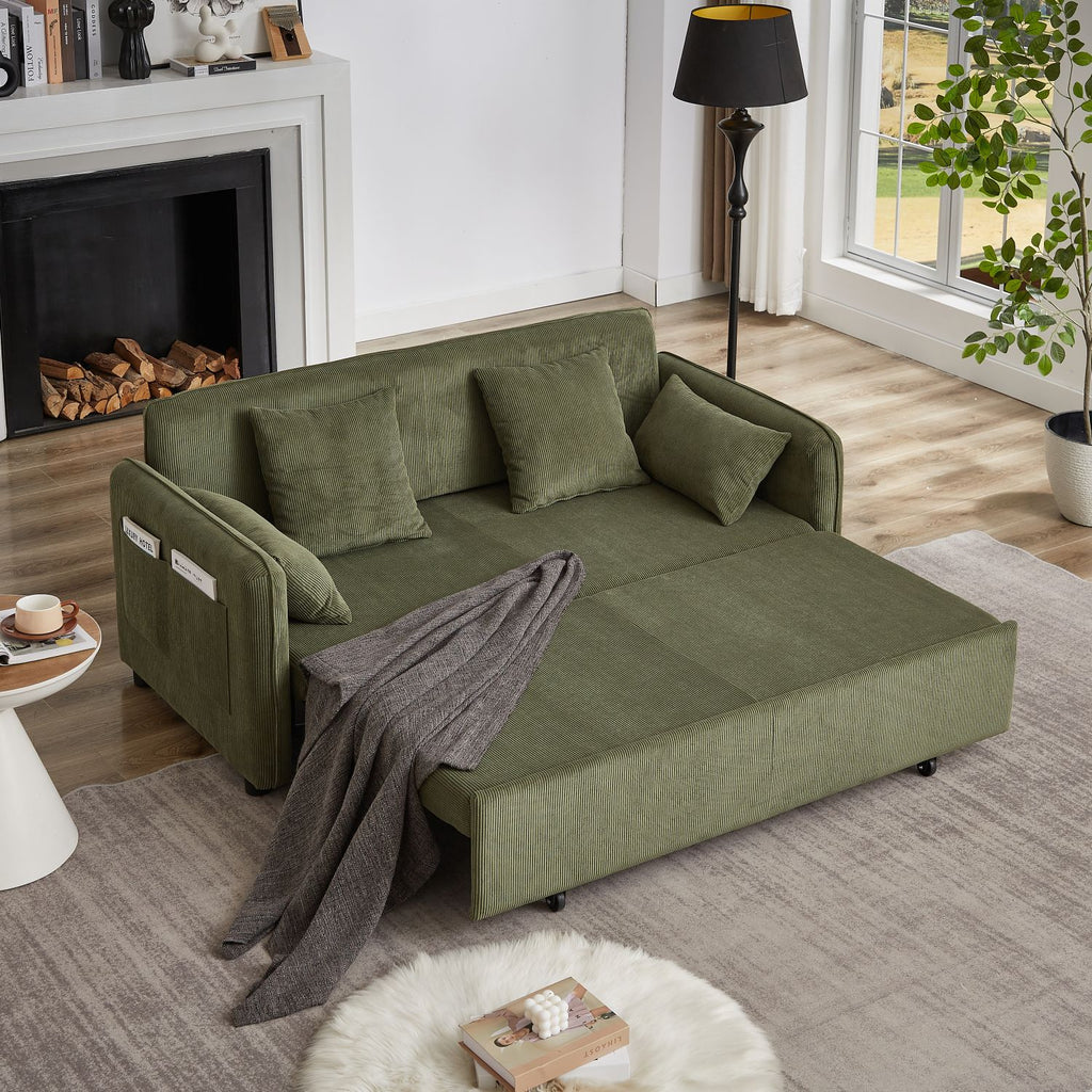 FX'' 66 Inch Sleeper Sofa Bed 3-in-1 Adjustable Sleeper with Pullout Bed 4 Pillows and Side Pockets Soft Corduroy Convertible Sleeper Sofa Bed for Living Room Bedroom Apartment Office green