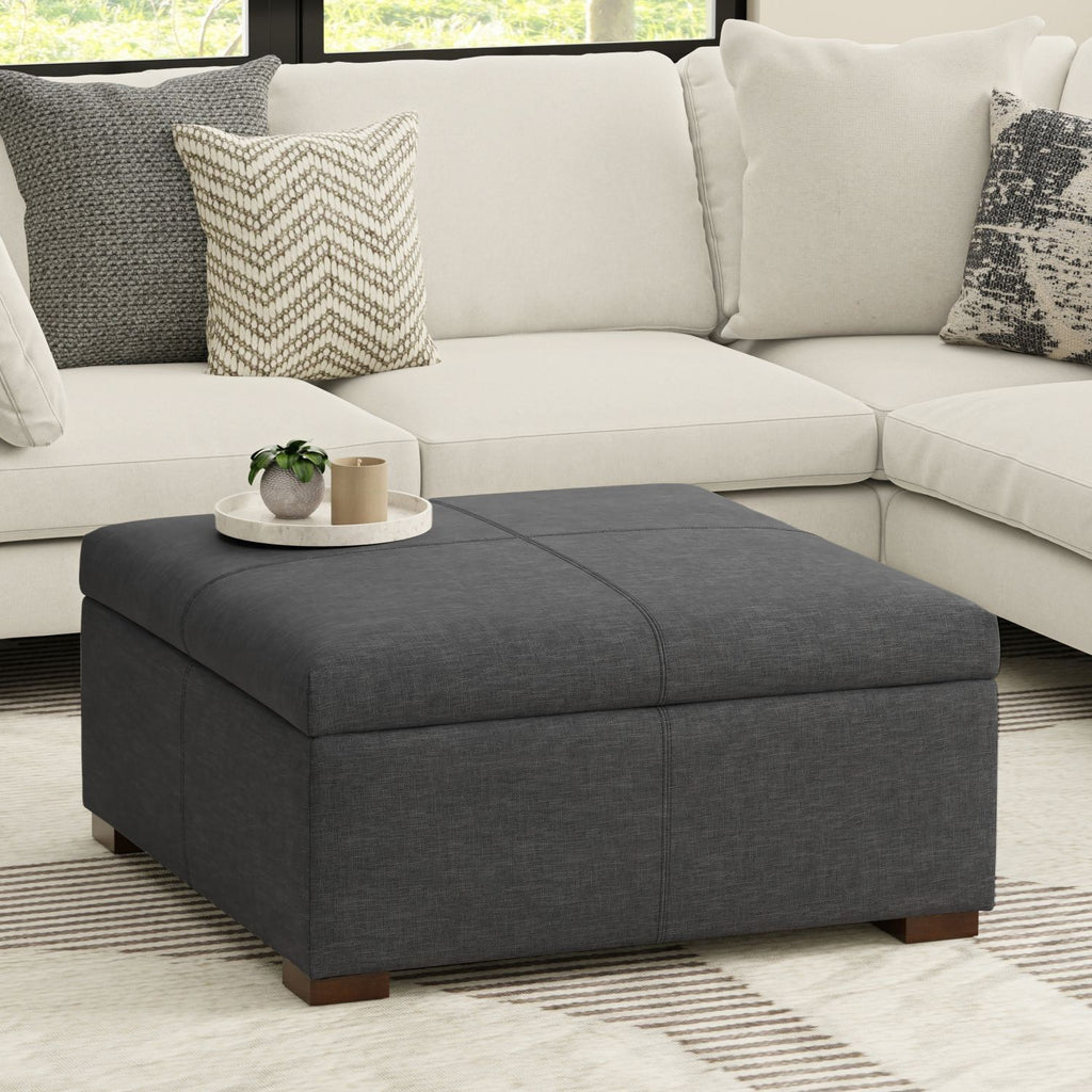 Gabbie 48 inch Wide Rectangular Storage Ottoman in Slate Grey Polyester Linen